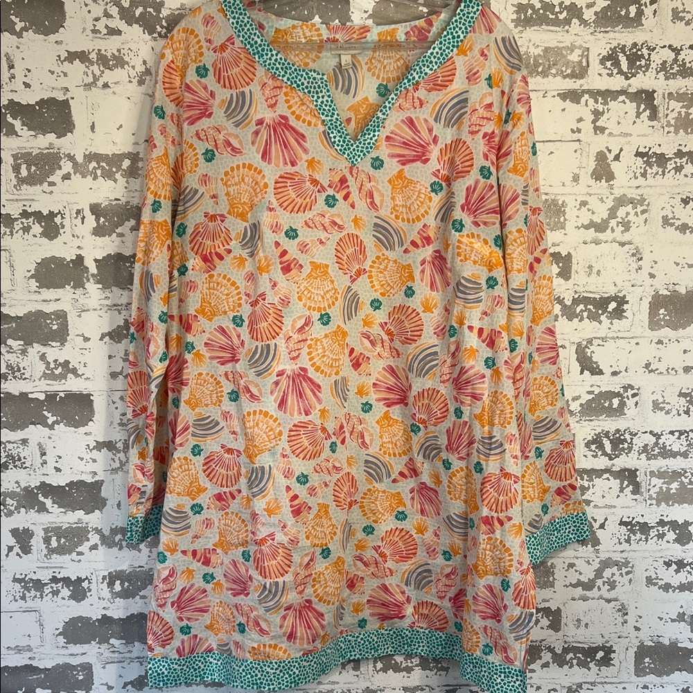 Talbots Multicolor Seashell Print Tunic — Coral, Teal & Orange Accents